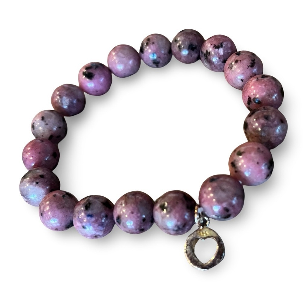 Purple Stone Beaded Bracelet with Sterling Silver Heart Charm